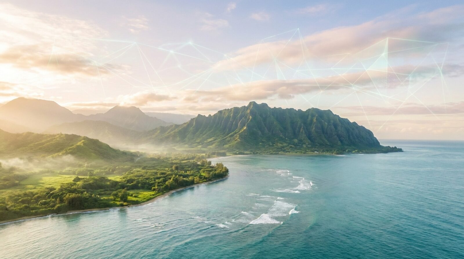 Hawaiʻi green valley and coastline with a subtle technology overlay